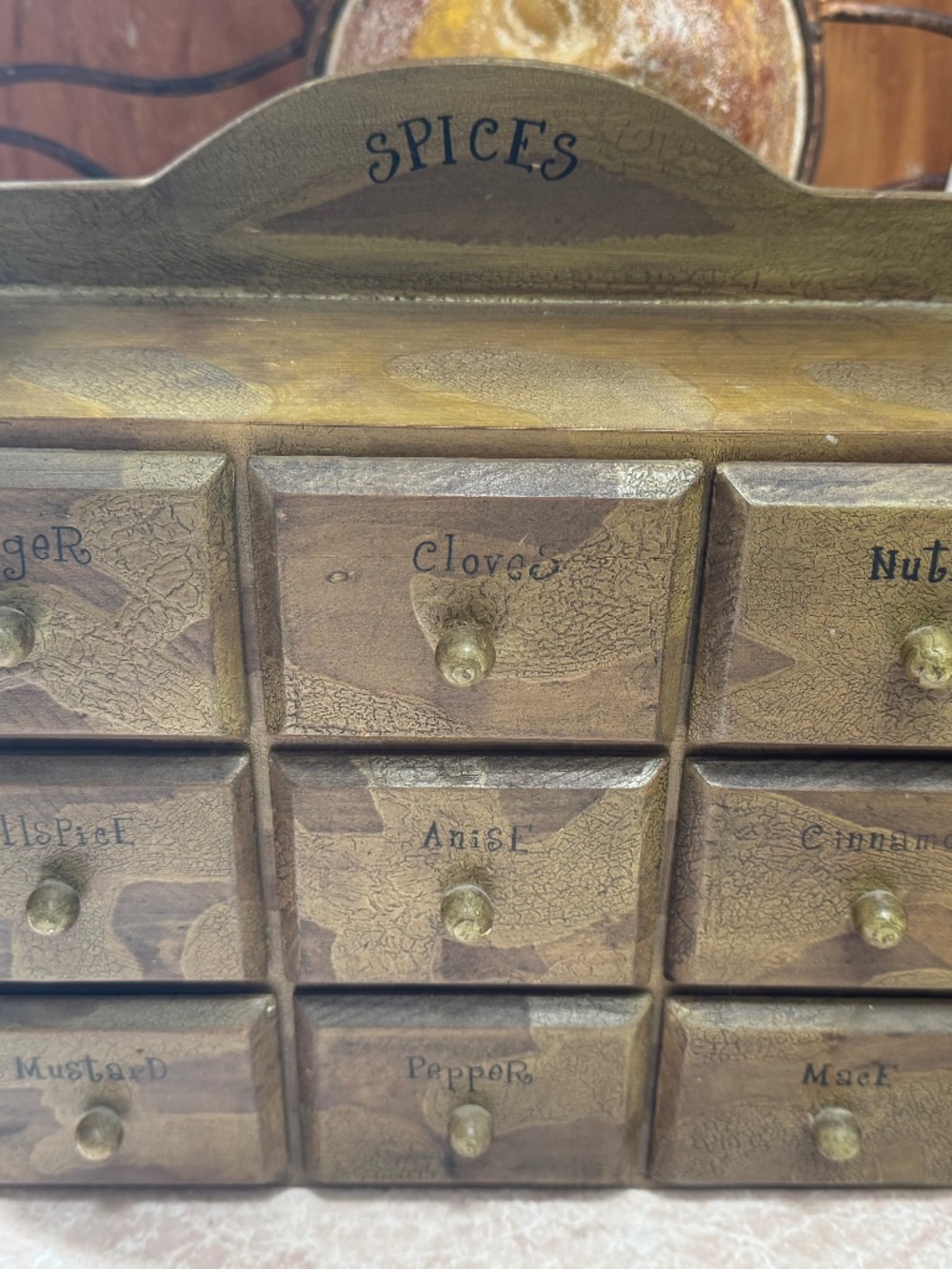 Vintage Wooden 9 Drawer Wall Hanging Spice Rack Brown Rustic Labeled Drawers